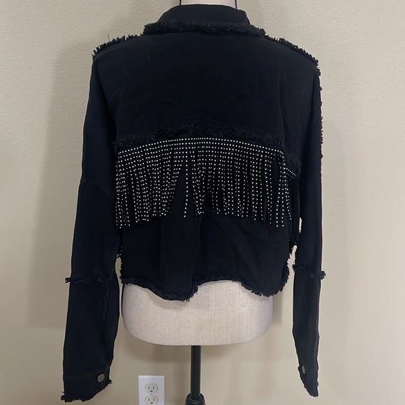 Black denim fringe studded cropped jacket new with tag size small - Picture 3 of 5
